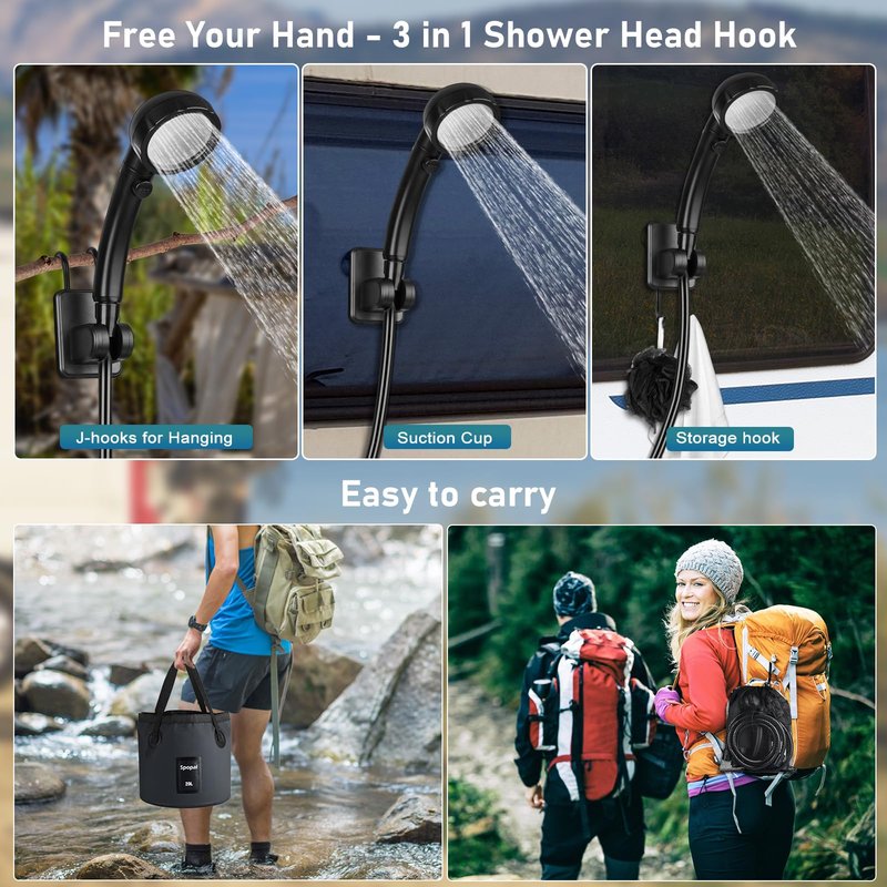 Portable Shower for Camping, Spopal Rechargeable Camping Shower with Collapsible Bucket with Handle 20L Intelligent LED Display, 4 Spray Modes, Outdoor Shower Kit for Hiking, Travel, Car, Pet 【Black】