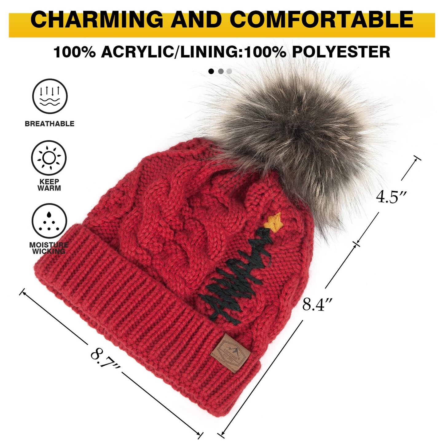 Winter Christmas Pom Pom Beanie Hat for Women Pinetree Embroidered hat Warm Knit Beanie Hat with Fleece Lined (Acrylic, Red)