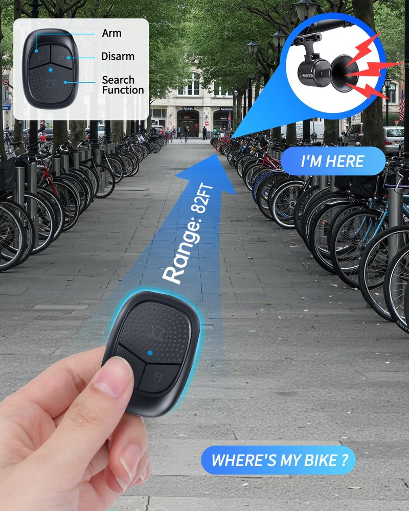 EQIIO Electric Bike Horn with Anti Theft Alarm, 120dB Loud Bicycle Horn Rechargeable Vibration Sensor Alarm with Wireless Remote, Bike Bell for Adults Kids Bike/Scooter/Ebike, IPX5 Waterproof