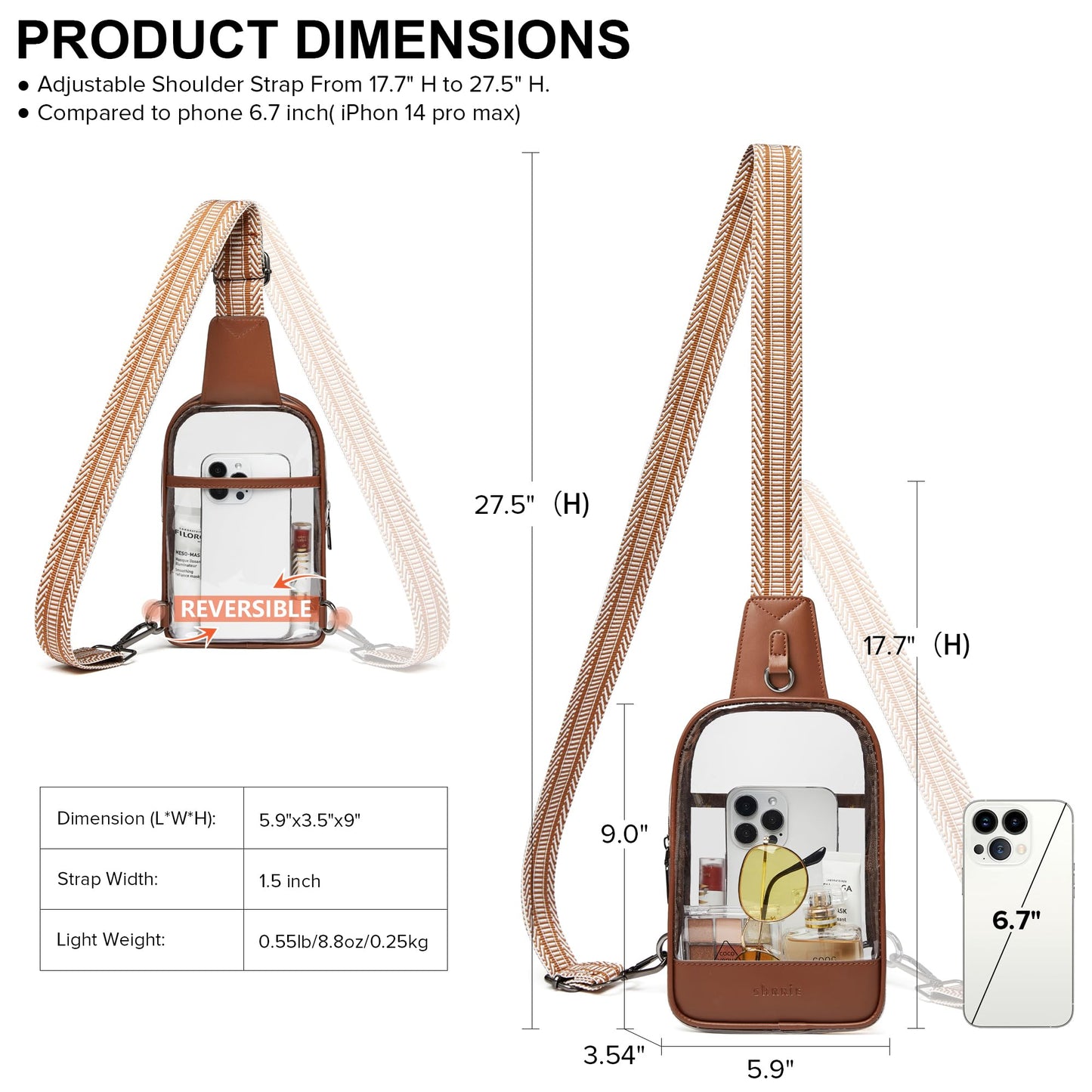 Shrrie Clear Bag Stadium Approved Clear Crossbody Sling Bag for Women Men Stadium Events Clear Purses for Concert Brown