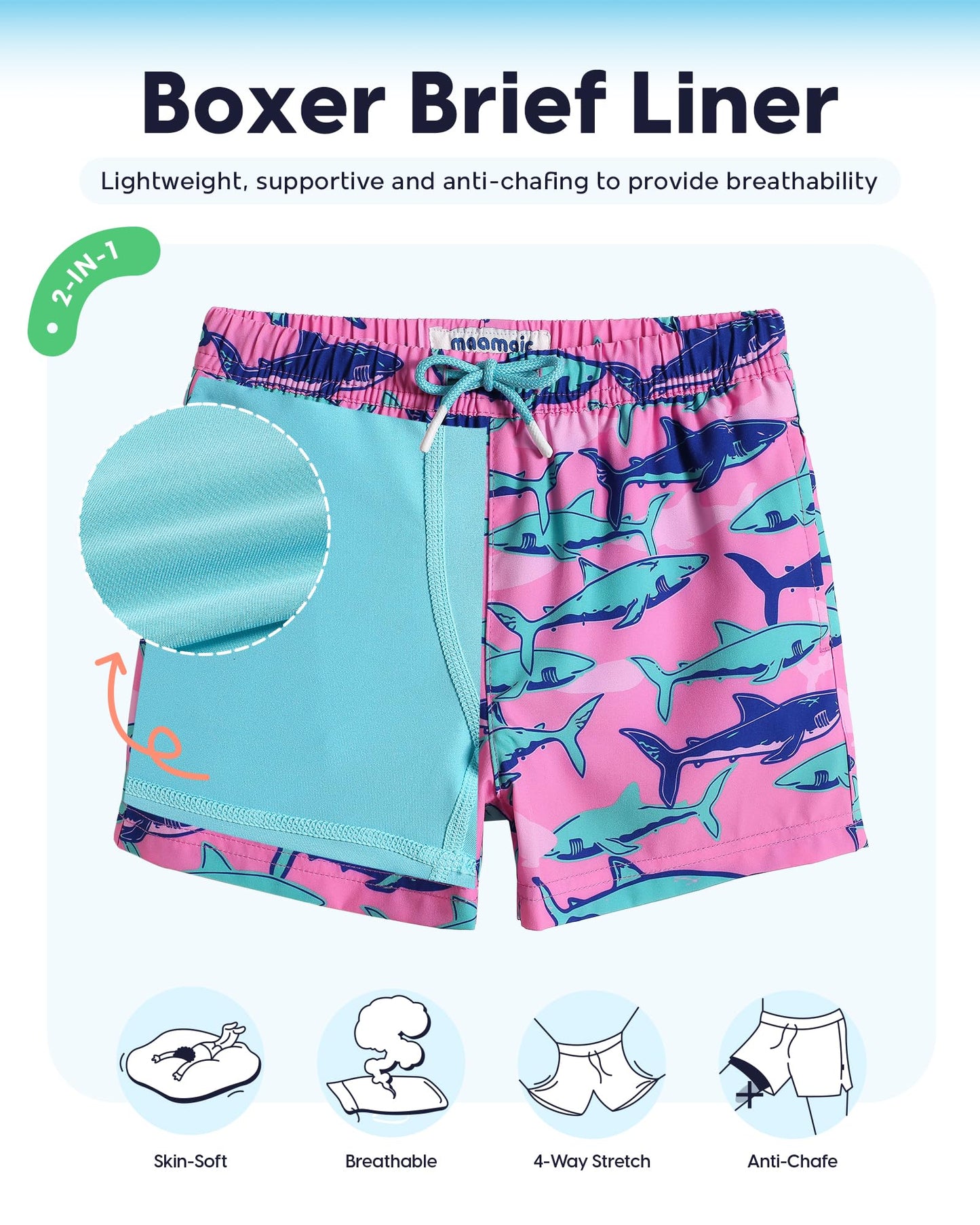 maamgic Boys Swim Trunks with Compression Liner Toddler Stretch Swim Shorts Quick Dry Swimming Trunks Boxer Brief 2 in 1 Beach Shorts Pink Blue Shark 14/16