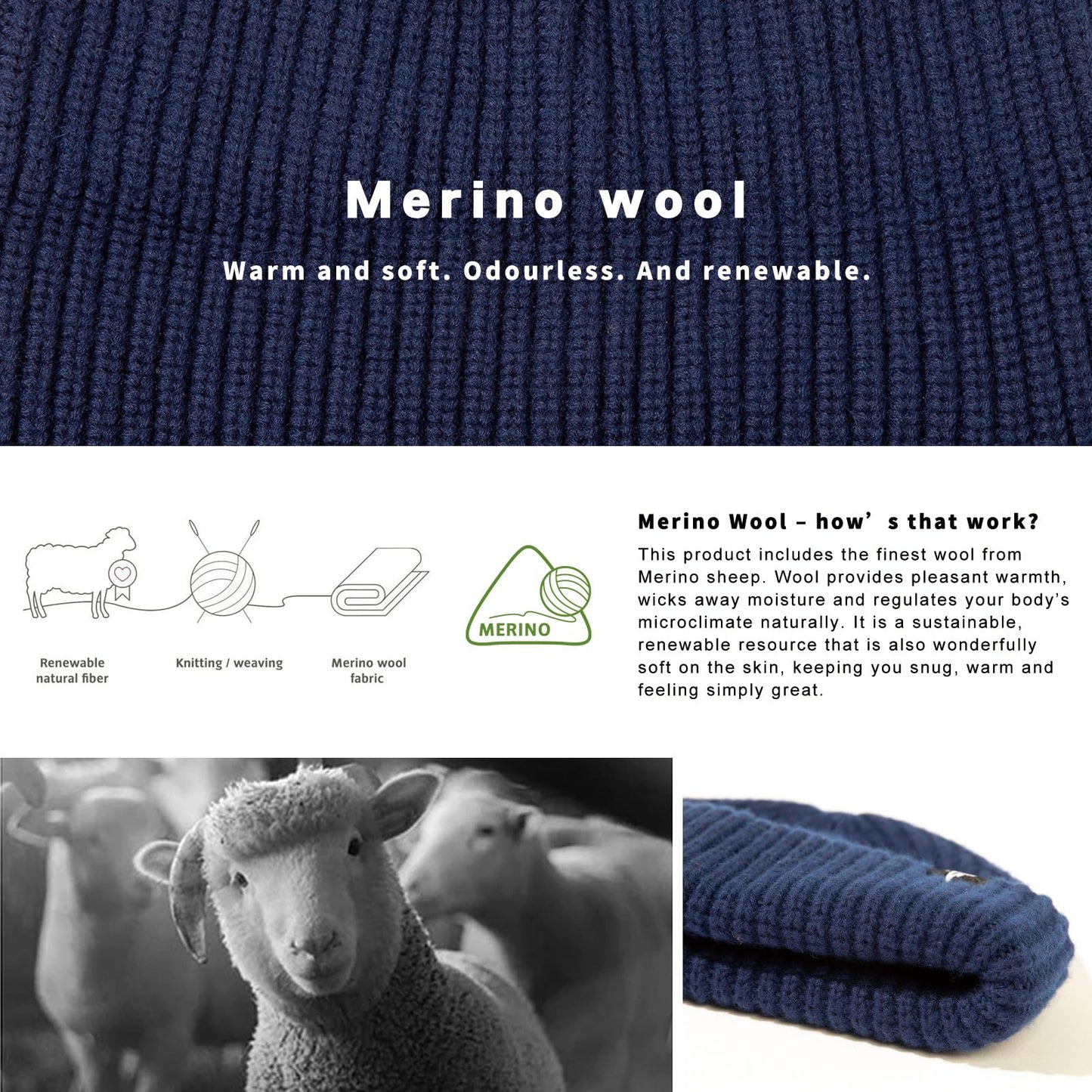 Oversize L/XL/XXL Merino Wool Blend Short Fisheman Beanie Lightweight Warm Hat for Cold Weather Winter (US, Alpha, XX-Large, Navy)