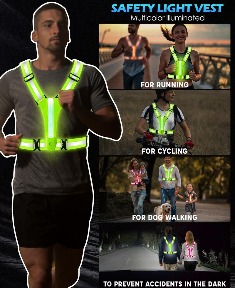 Topward LED Reflective Vest Running Gear, 8 Lights Colors Illuminated, USB-C Rechargeable, High Visibility Safety Vest with Adjustable Waist/Shoulder, Light Up Vest for Night Dog Walking Cycling