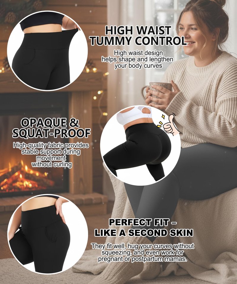 FULLSOFT 3 Pack Plus Size Leggings with Pockets for Women-High Waisted Tummy Control 1X-4X Soft Yoga Pants for Workout(Black,Navy Blue,Brown 4X-Large)