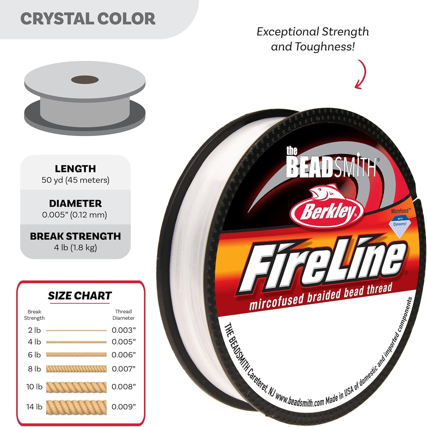 Beadsmith Fireline - Micro-Fused Braided Thread - 4lb Test, .005” Diameter, 50 Yards, Crystal Color | Strong Jewelry Making String