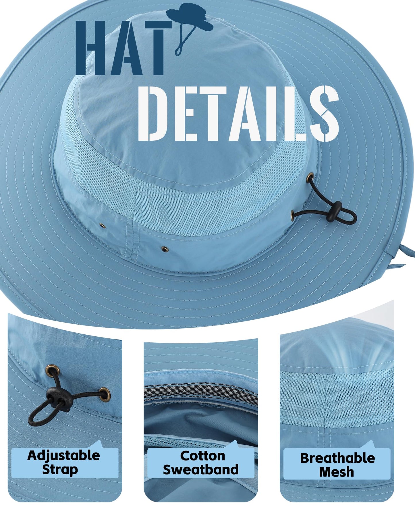 Home Prefer Men's Sun Hat UPF 50+ Wide Brim Bucket Hat Windproof Fishing Hats (Blue)