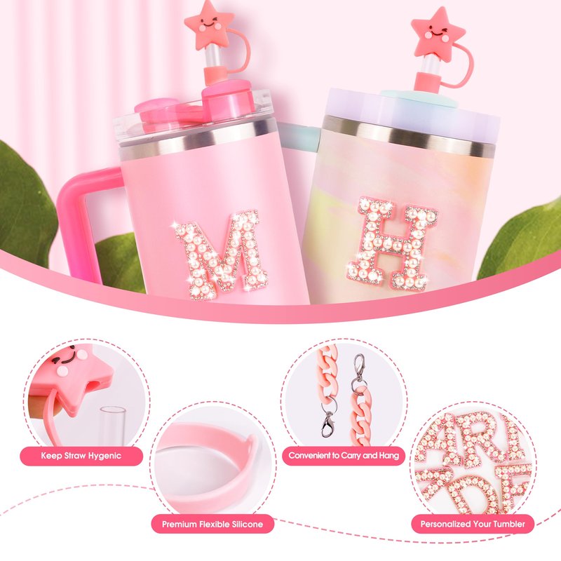 WINOWIMO 8 Pcs Pink Accessories Set for Stanley Cup 30 oz 40 oz, Silicone Glitter Boot, Star Straw Cover, Pom-Pom Charm, Letter Charm, Water Bottle Handle, Initial Sticker for Stanley Tumbler (L)