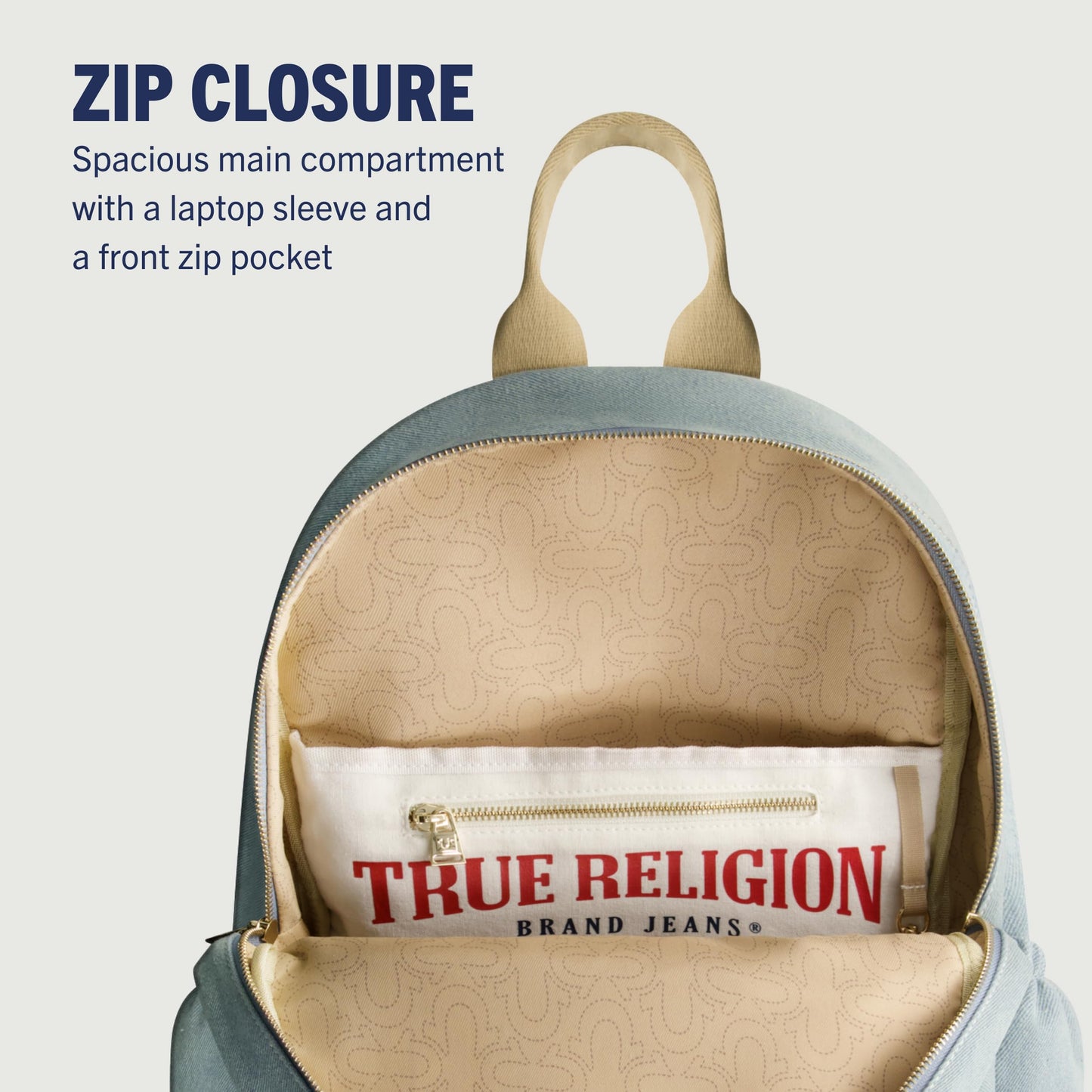 True Religion Backpack, Horseshoe Logo and Zip Pockets Travel Bag, Denim