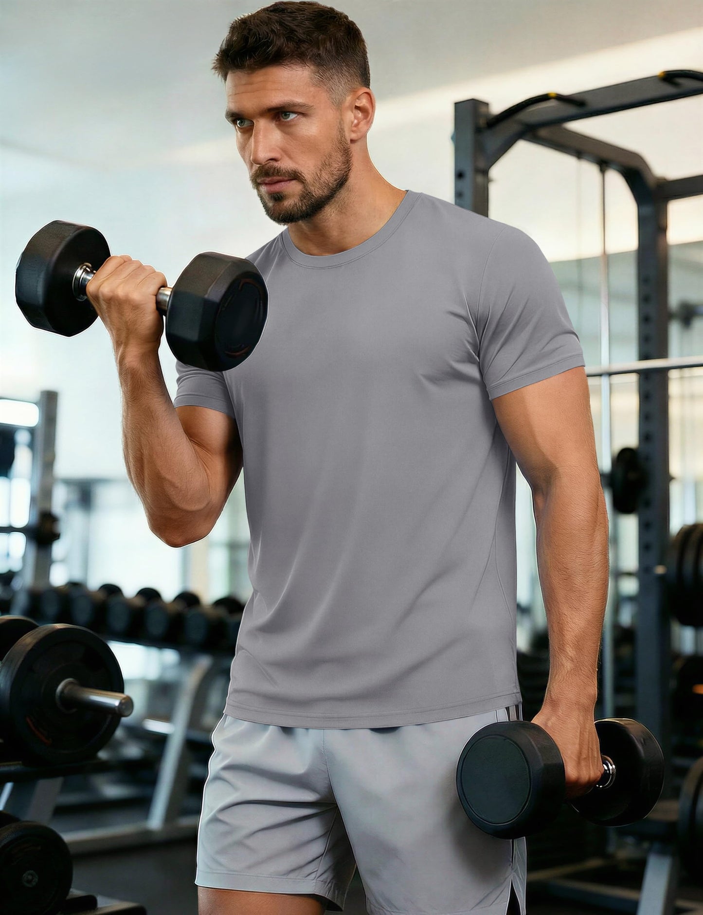 Running Shirt Men Rash Guards Shirts Dry Fit Fitness Shirts Top Tee Short Sleeve Active Shirts Gym Tshirts Workout T-Shirts Light Grey