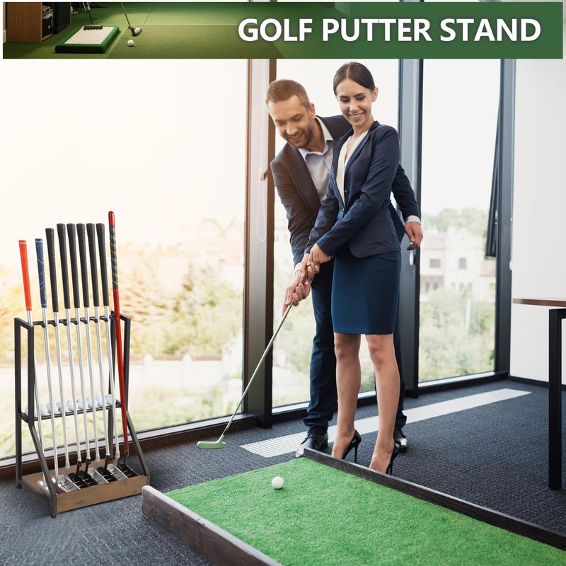 Xnwouco Golf Club Holder for 9 Clubs & 9 Balls, Solid Wood & Iron Golf Organizer, Golf Putter Holder Floor Stand, Golf Club Stand Suitable for Golf Simulators｜Golf Course Accessories
