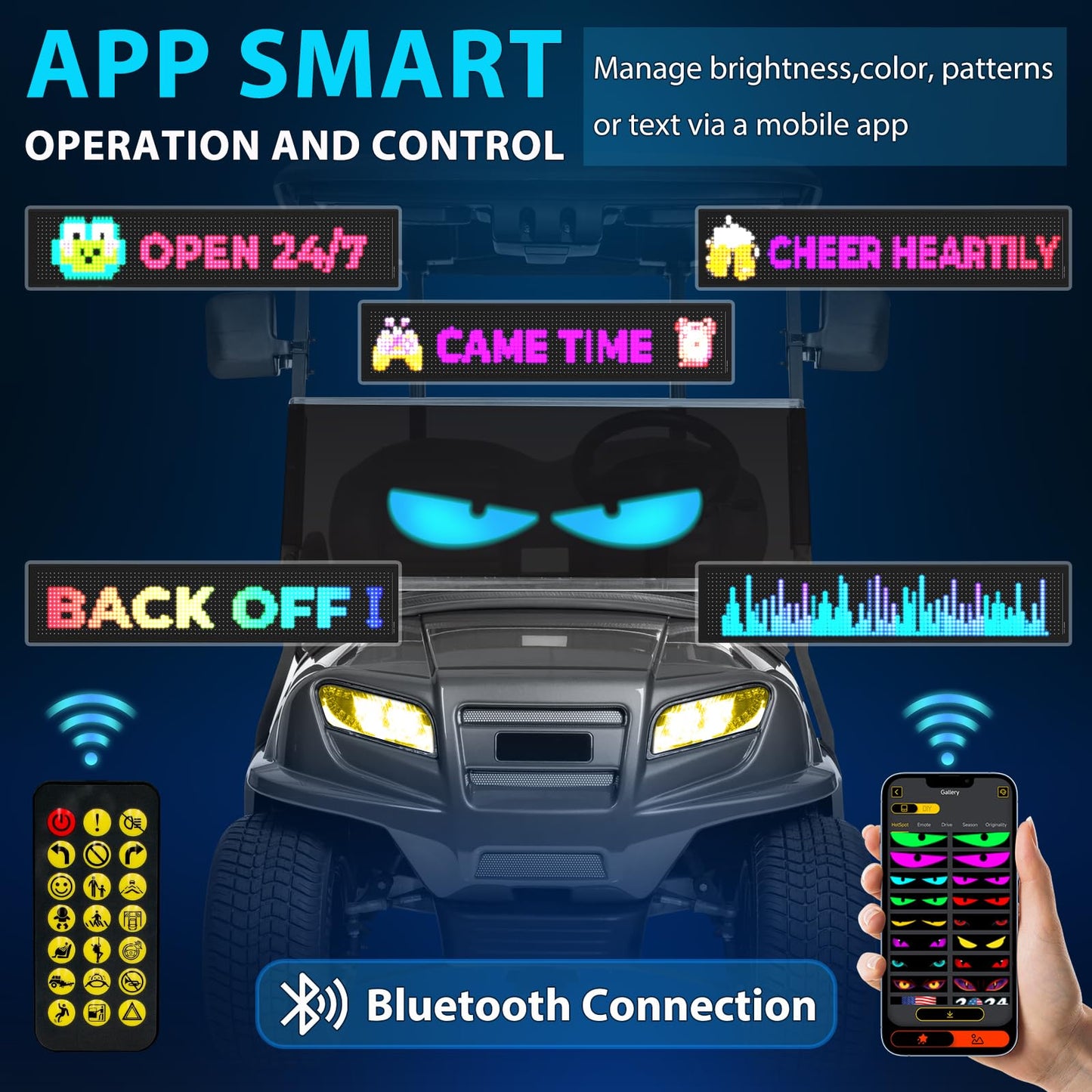 Golf Cart Multiple Devil Eyes Light Sign, 23.42"x4.72" Programmable LED Display for Windshield with App Control, DIY Pattern Trucks Suvs Flexible Screen LED Lights for Festivals Decoration
