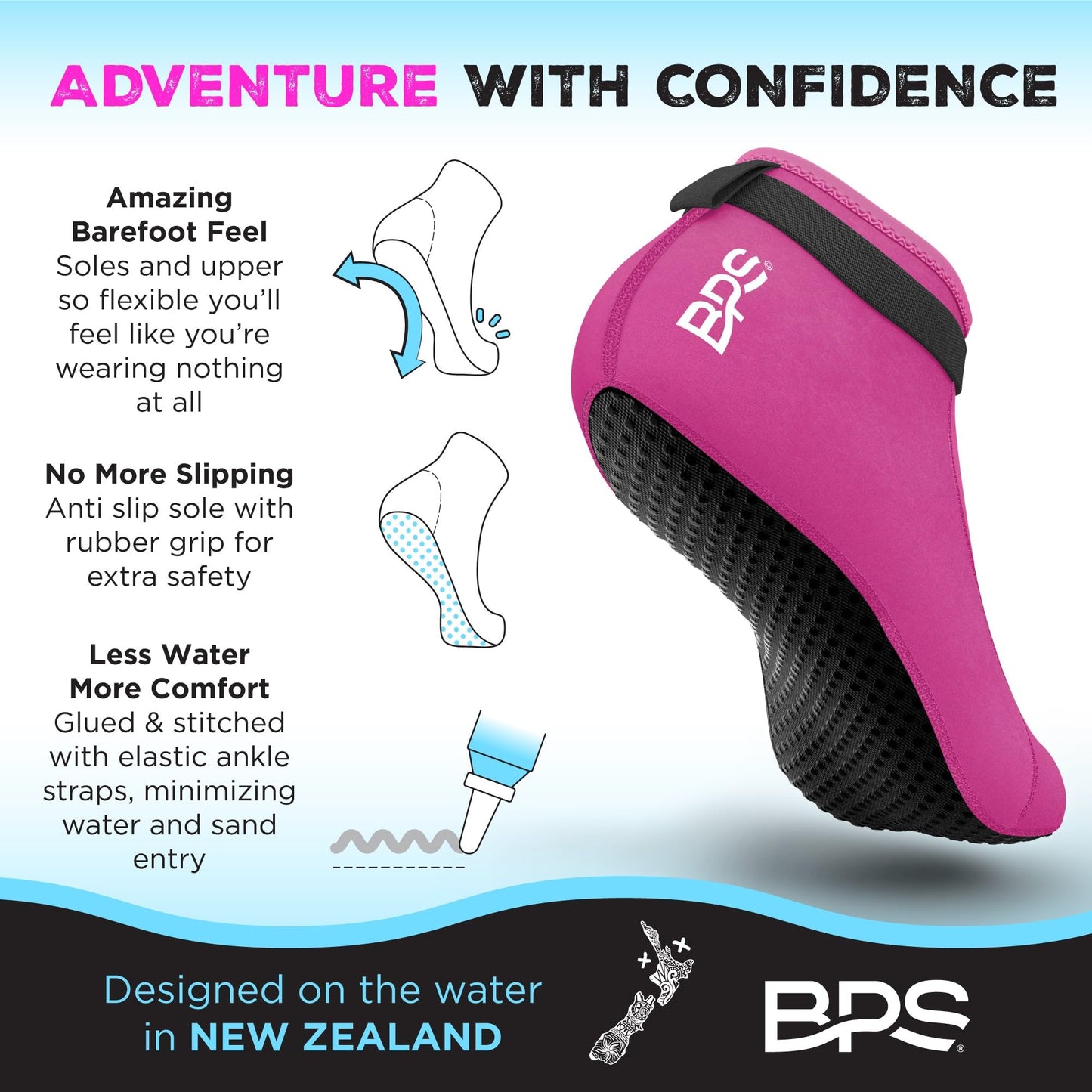 BPS 'Smart Sock' 3mm Neoprene Beach Water Socks Low Cut - for Surfing Swimming and Sand Activities Flexible Dive Socks Glued & Stitched Anti-Slip Wetsuit Boots for Men Women (Pink, XXXL)