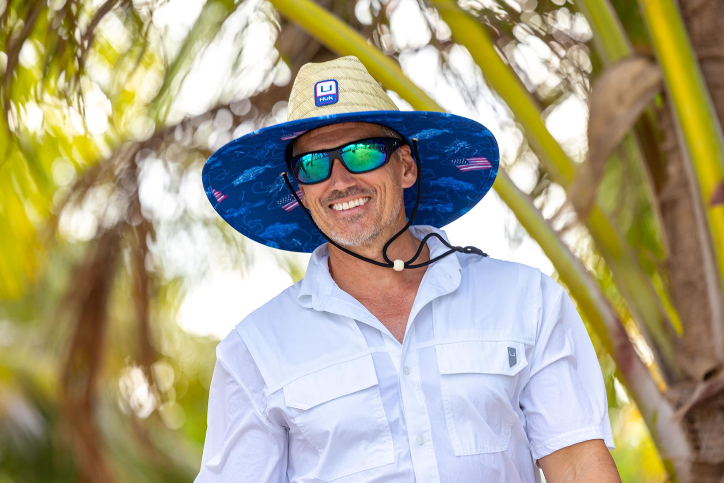 HUK Mens Straw Hat, Wide Brim Fishing & Beach Hat for Men, Fish and Flags - Set Sail, One Size