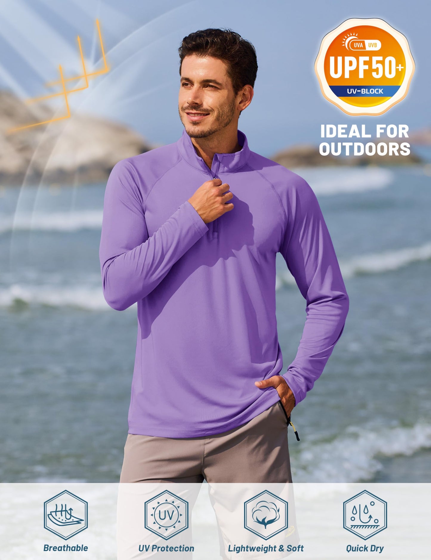 TACVASEN Men's Athletic SPF Pullover Shirts Running Fishing Tops Summer Sun Protection UPF 50+ Dry Fit T-Shirts Light Purple L