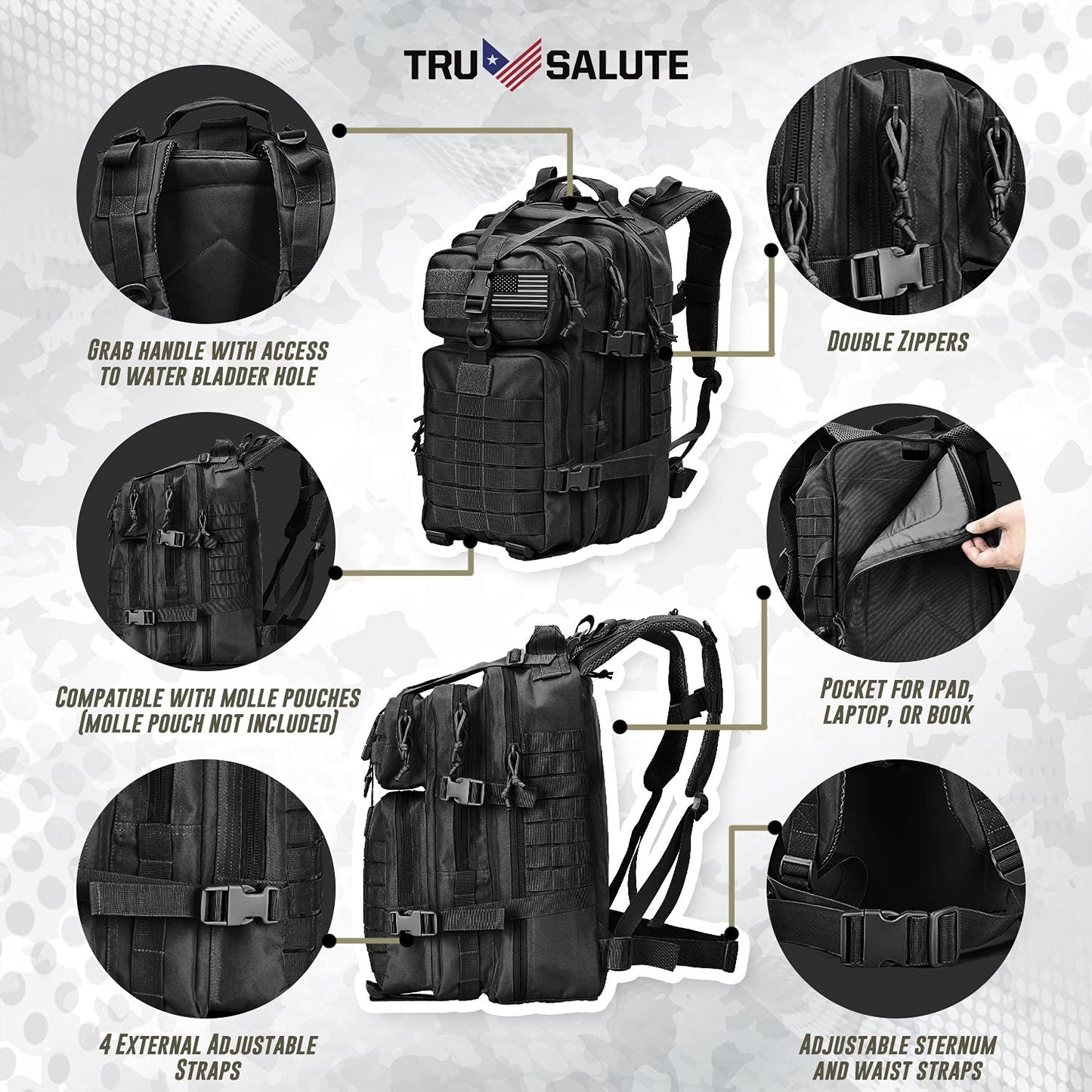 Tru Salute 45L Military Black Tactical Backpack Large Army 3 Day Assault Pack Molle Bugout Bag Rucksack Backpack Military Black