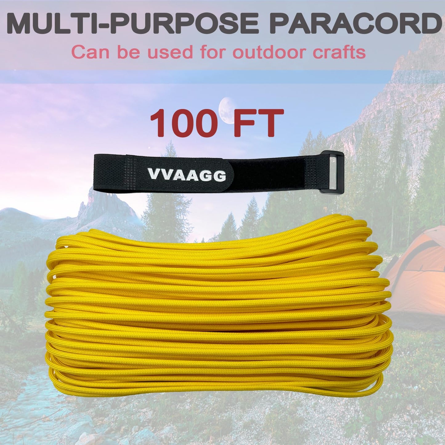 VVAAGG 550 Paracord 100FT - 4mm Lightweight and Durable Camping Rope, Tent Rope, 7 Strand Nylon Parachute Cord Rope (Yellow)