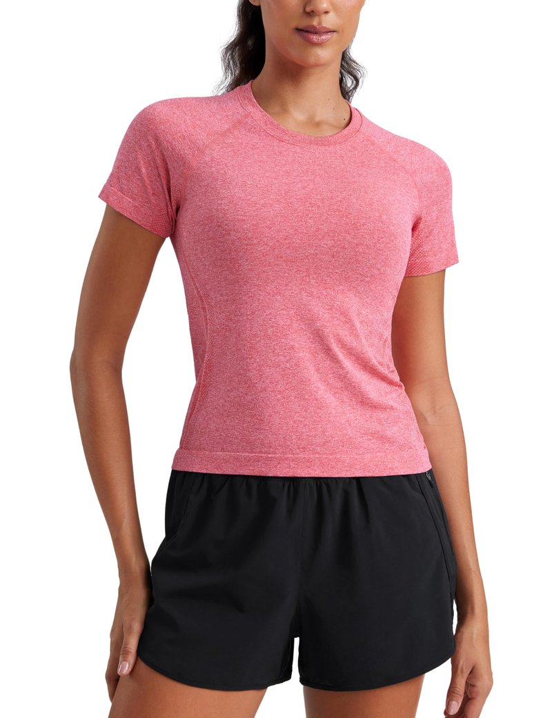 CRZ YOGA Seamless Workout Tops for Women Waist Length - Running Gym Athletic Yoga Short Sleeve Shirts Breathable Crewneck Deep Red Heather Small