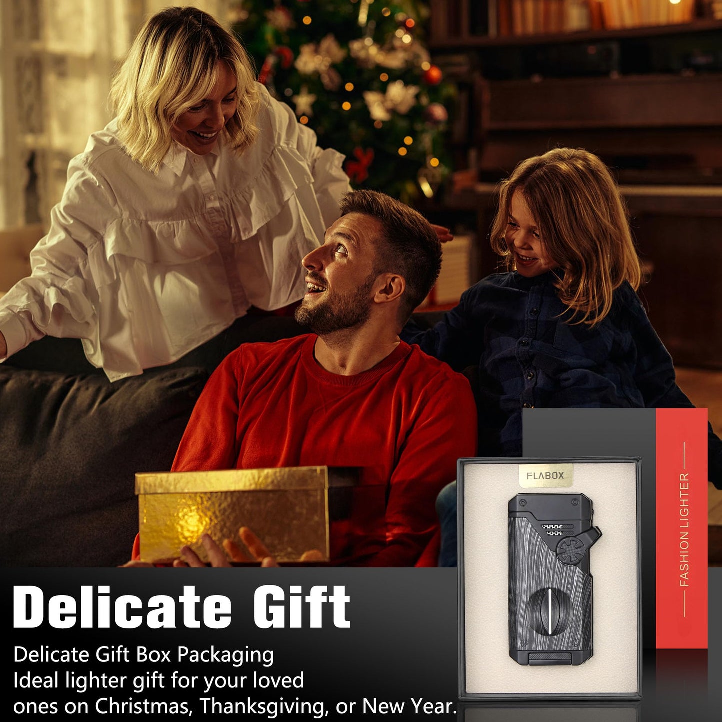 FLABOX 5-in-1 Torch Lighter with V Cutter Holder Punch and Draw Enhancer Tool,Four Windproof Jet Flame Multi-Functional Lighter,Refillable Butane Lighter with Gift Box for Men Black,Without Butane