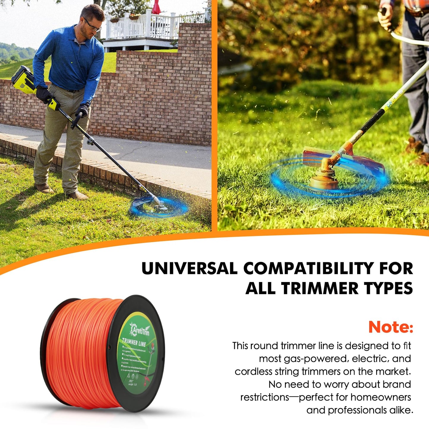 AretiTrin 095 String Trimmer Line,Round Orange Heavy Duty Weed Eater String, Premium Nylon Universal 0.095" Diameter x 3LB -837ft for Lawn Edging & Thick Weeds