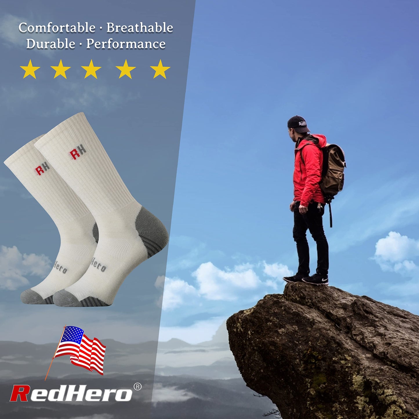 RedHero Men's Merino Wool Cushion Crew Socks for Outdoor Hiking Trekking Hike Soft Cozy Thermal Fit Moisture Control (White L)