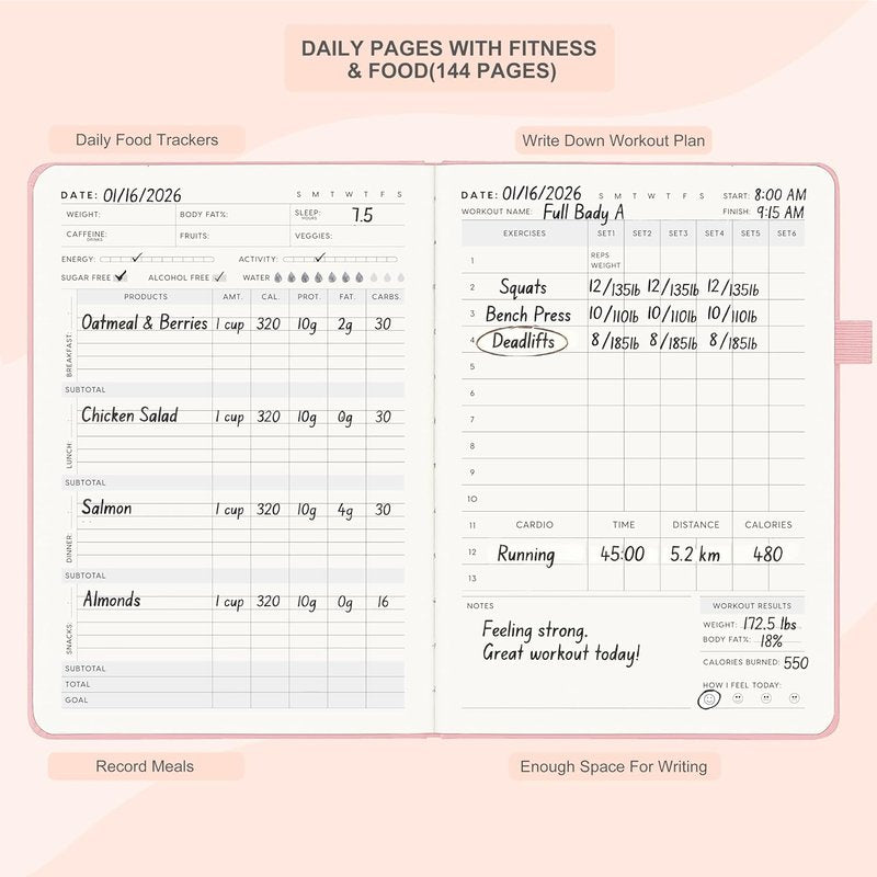 Workout Journal for Men & Women - Fitness & Food Tracker | Undated A5 Leather Hardcover (Rose Gold)