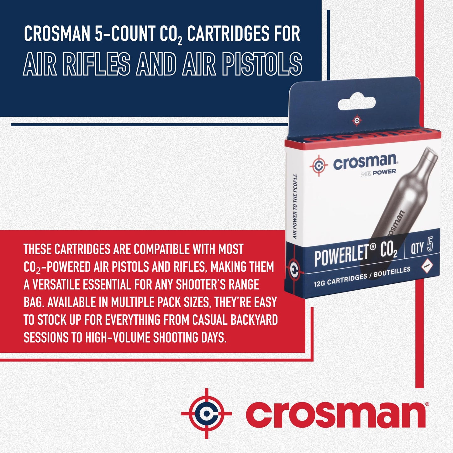 Crosman Powerlet CO2 Cartridges for Air Rifles, Air Pistols & Paintball - Snug Fit, Leak-Free Seal, Durable Metal Construction - Made in USA, Multi-Pack Options