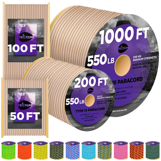 TECEUM Paracord Type III 550 Beige – 50 ft – 4mm – Tactical Rope MIL-SPEC – Outdoor para Cord –Camping Hiking Fishing Gear and Equipment – EDC Parachute Cord – Strong Survival Rope 366b