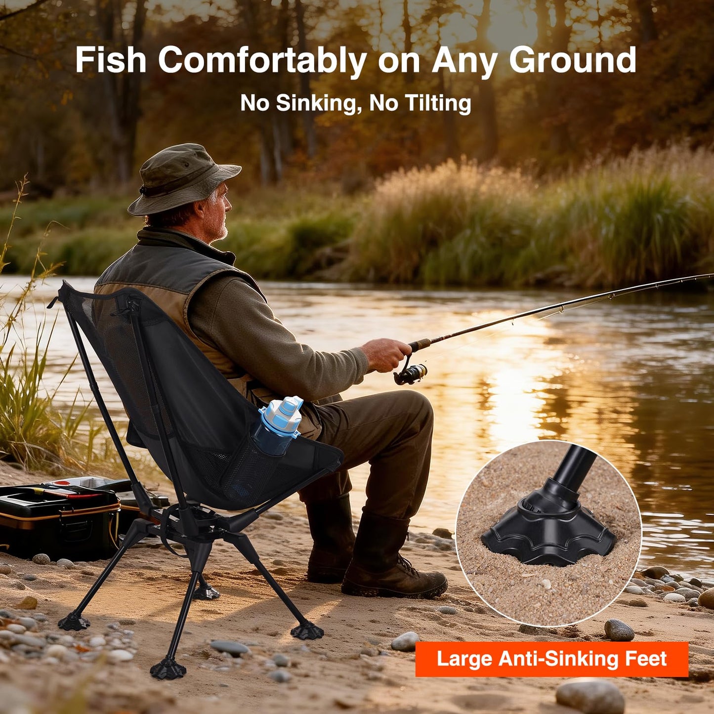 Trakiom 360° Swivel Folding Camping Chairs, Compact and Portable Chair for Outdoor Camp, Foldable Chairs with Anti-Sinking Large Feet for Travel, Beach, Picnic, Sports, Fishing Support 300 LBS(Black)