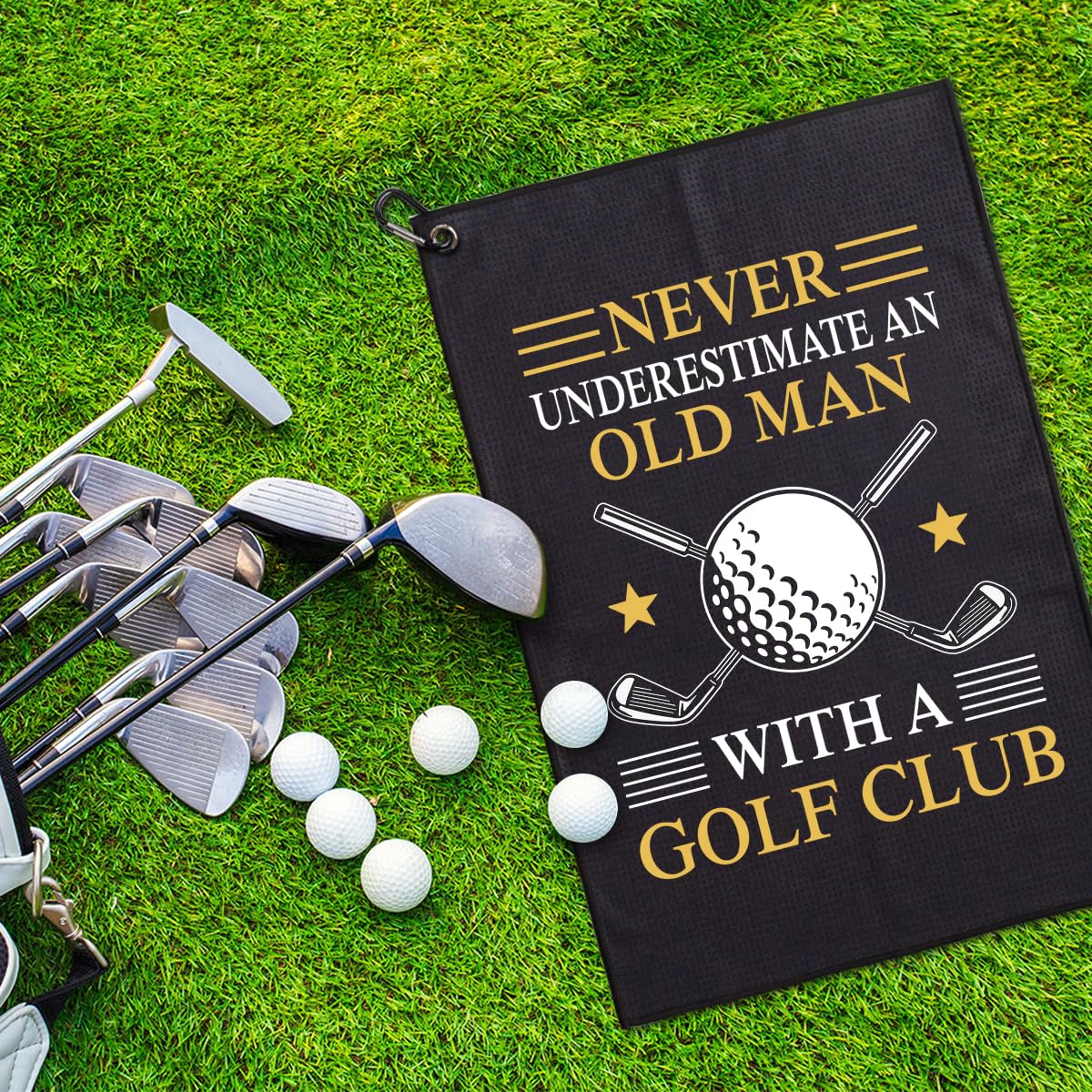 GEYGIE Never Underestimate an Old Man with A Golf Club Printed Microfiber Golf Towel, Funny Golf Towel Gifts and Golf Accessories for Men Dad Grandpa, Birthday Gift for Golf Lover