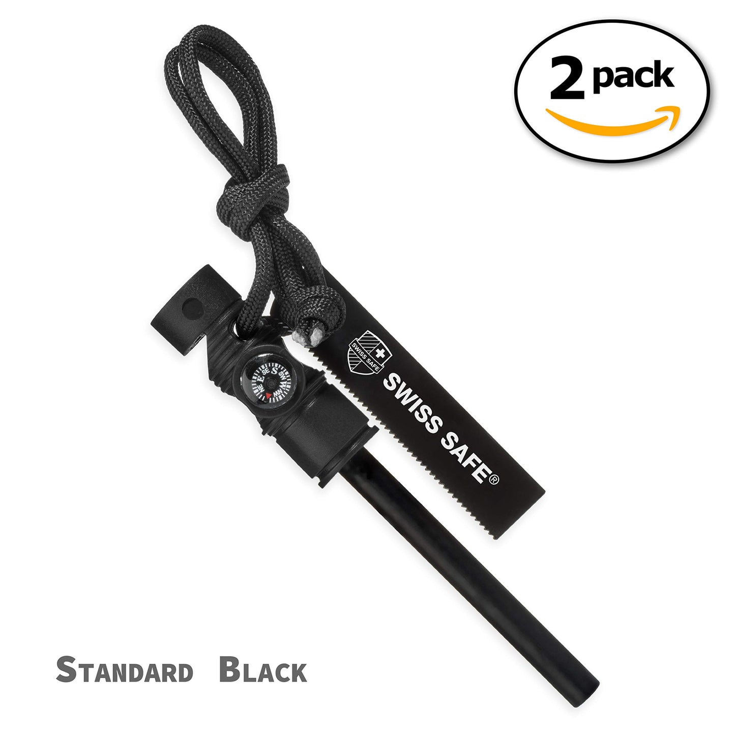 Swiss Safe 5-in-1 Magnesium Ferro Rod Fire Starter Survival Tool - Flint & Steel Striker, Compass, Paracord & Whistle - Emergency Kit for Backpacking, Camping, Hiking - All-Weather - Black, 2-Pack