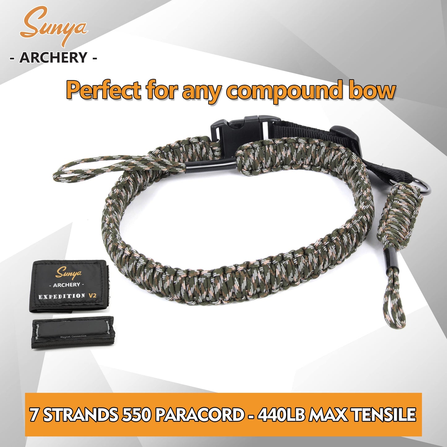 Sunya Paracord Compound Bow Sling with V2 Upgraded Magnetic Connection System. Lightweight Hands Free Shoulder Carrying Sling for Bow Hunting, Field Archery and 3D (Winterfell Camo)