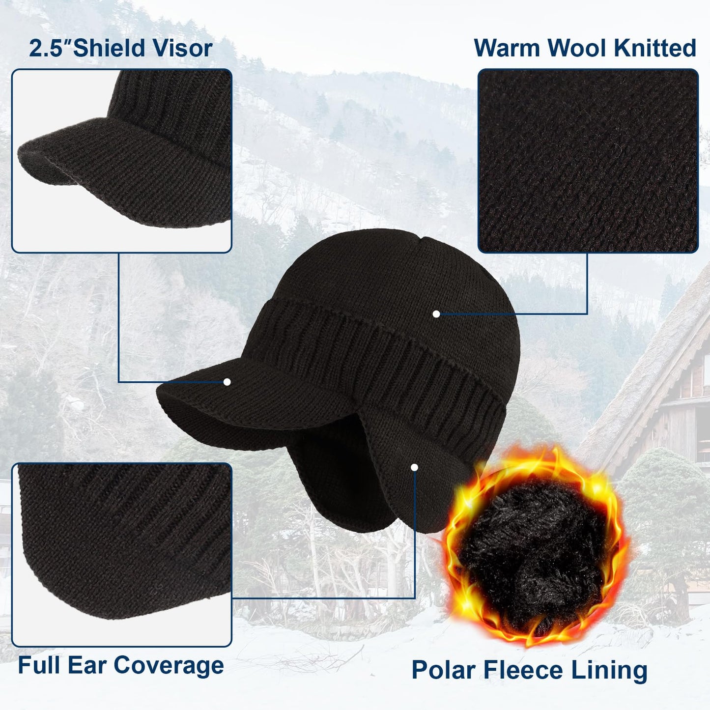 Century Star Mens Winter Hat with Visor & Earflaps,Outdoor Elastic Warm Knitted Fleece Sport Golf Baseball Beanie Cap Black One Size