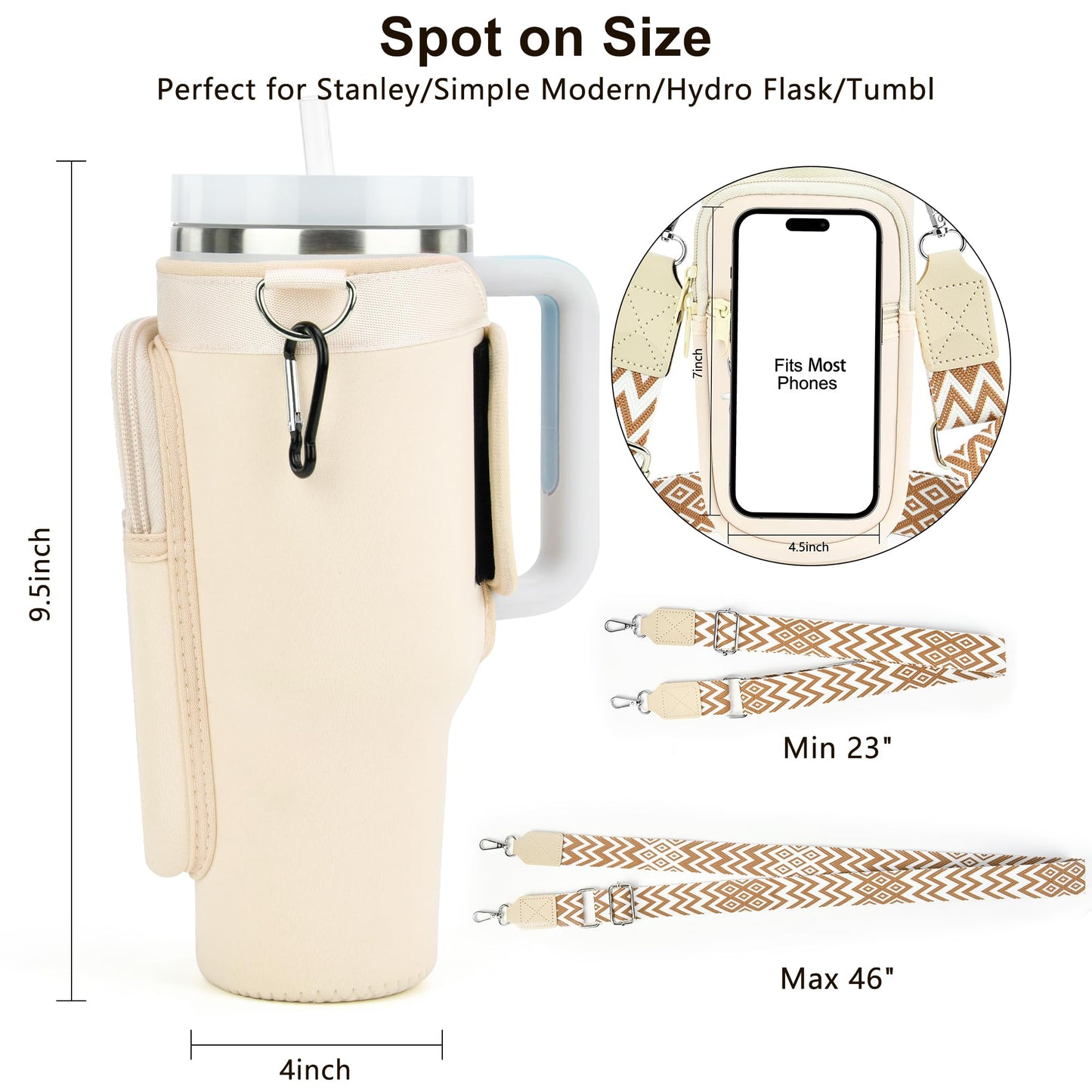 Initial Water Bottle Holder with Strap for Stanley 40 oz Tumbler, Gift for Mother's Day, Women's Day gifts with Phone Pocket, Carabiner, Personalized Accessories for Stanley Cup, Cream - C