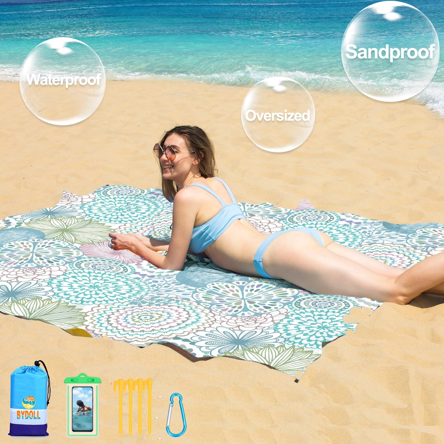 BYDOLL Beach Blanket 78''×81'' 1-5 Adults Waterproof Sandproof Oversized Lightweight Beach Blanket Large Picnic Mat Beach Blanket for Beach Travel Camping Hiking Picnic