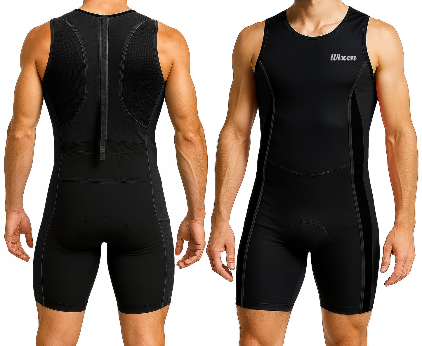 Wixen Men’s Triathlon Suit – Padded One-Piece Sleeveless Trisuit with Rear Zipper for Running, Swimming, Cycling – Black-M