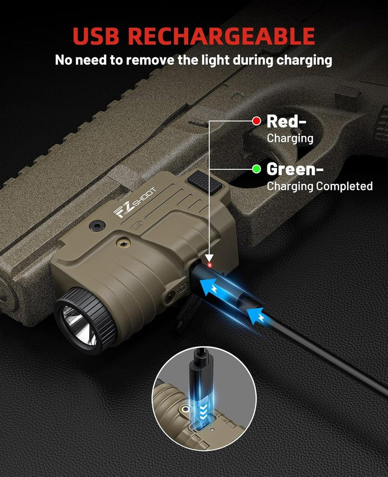 EZshoot Pistol Light Laser Combo - 800 Lumens Rechargeable Flashlight with Red Laser Beam | Desert Tan, Compatible with Glock & Picatinny Rail