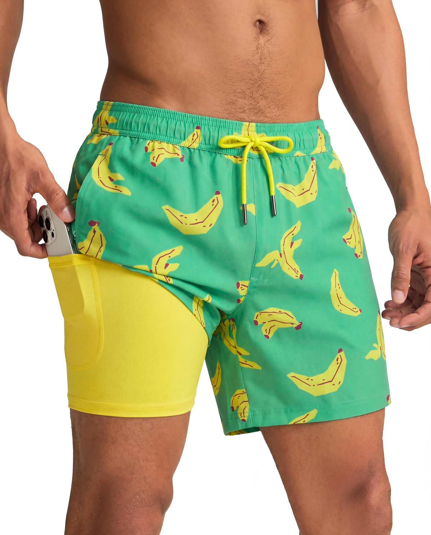 maamgic Mens Swim Trunks with Compression Liner 5 Inch, Quick Dry Bathing Suit with Zipper Pockets, Stretch No-Chafing Swim Shorts, Banana X-Small