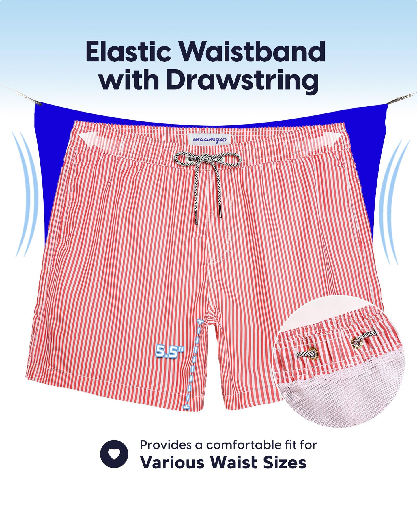 maamgic Mens Swim Trunks 5 Inch with Mesh Lining, Quick Dry Mens Bathing Suit, Swim Shorts for Swimming and Beach, Medium