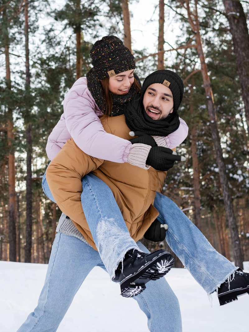 Winter Beanie Hat Scarf Gloves, Black Variegated Color Warm Fleece Knit Hats Touch Screen Gloves Neck Scarf Set