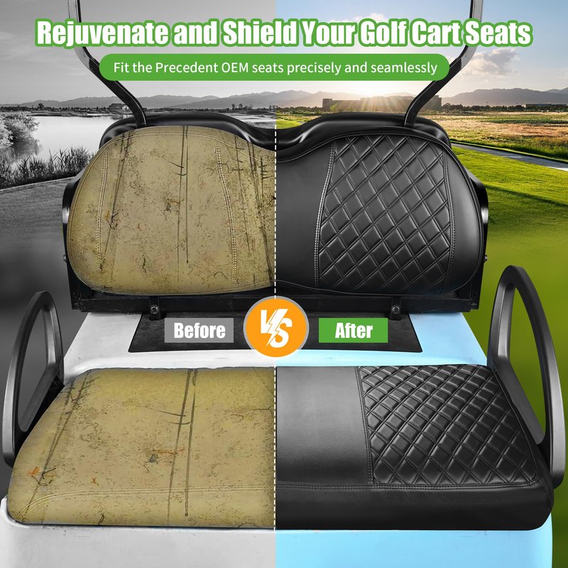 10L0L Golf Cart Seat Covers for Club Car Precedent,Diamond Pattern,Vinyl Leather with Adjustable Straps and Retractable Buckle, No Stapler Needed Black