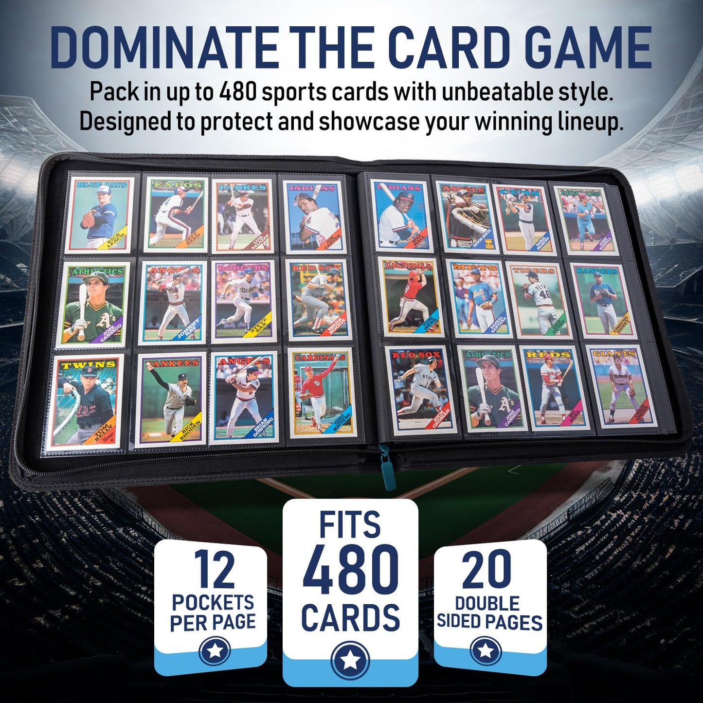 Premium TCG Card Binder For 480 Side Loading Pockets | Sports Trading Card Binder 12 Pocket Zipper, Collectible Trading, Magic, MTG, Baseball, Football Ringless Storage Organizer Album.