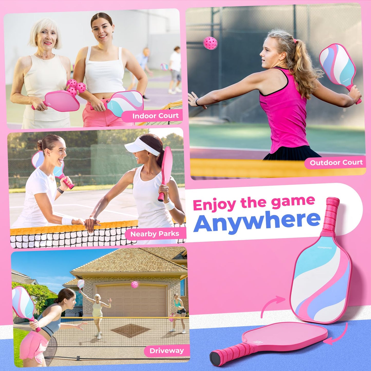 AboveGenius Pink Pickleball Paddles Set of 2,USAPA Standard Fiberglass Pickle ball Set with 2 Cute Lightweight Pickleball Rackets,2 Indoor&2 Outdoor Balls,1 Carrying Bag,Sport Gift for Women, Beginner