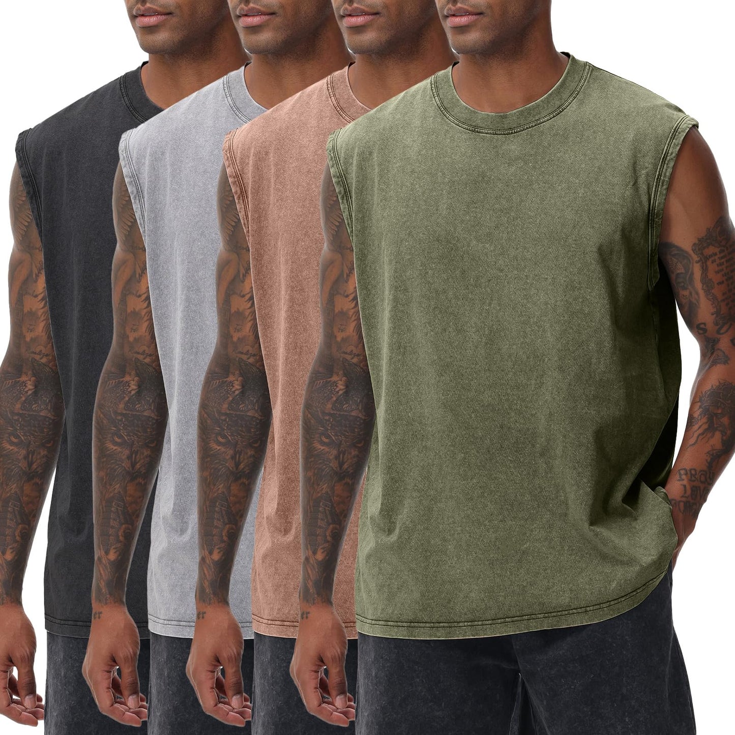SnowElve 4 Pack Mens Workout Tank Tops Sleeveless Tee Shirts Men Muscle Shirt Gym Acid Wash T Shirts Running Beach Loose Fit Tee(BKGYCFAG,2XL)
