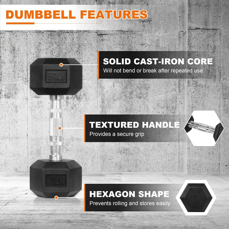Fitvids Hex Dumbbells Rubber Coated Hand Weights Pairs for Home Gym Strength Training– 10 LB Pair – 10LB Pair – Black