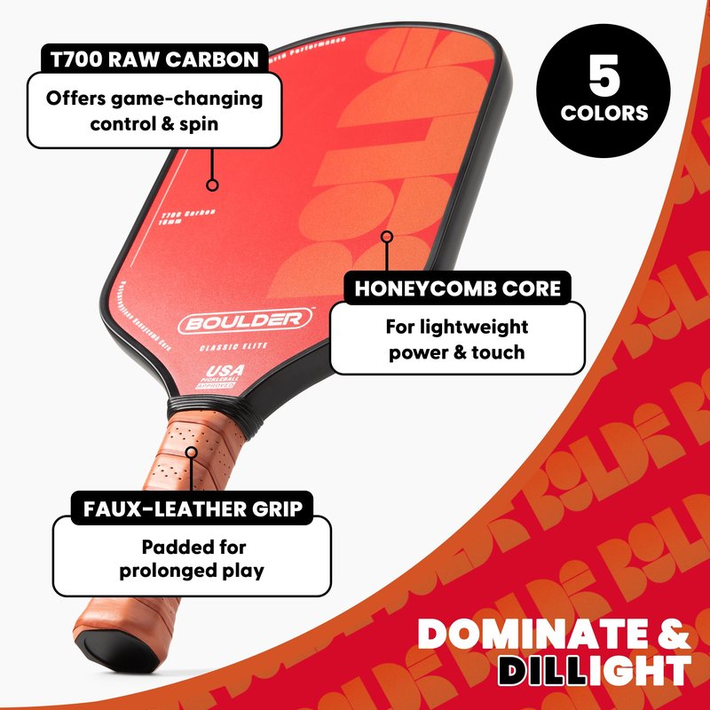 Boulder Pickleball Paddle - USAPA Approved - T700 Carbon Fiber Surface with Honeycomb Polymer Core - for Men Women Kids (Red)