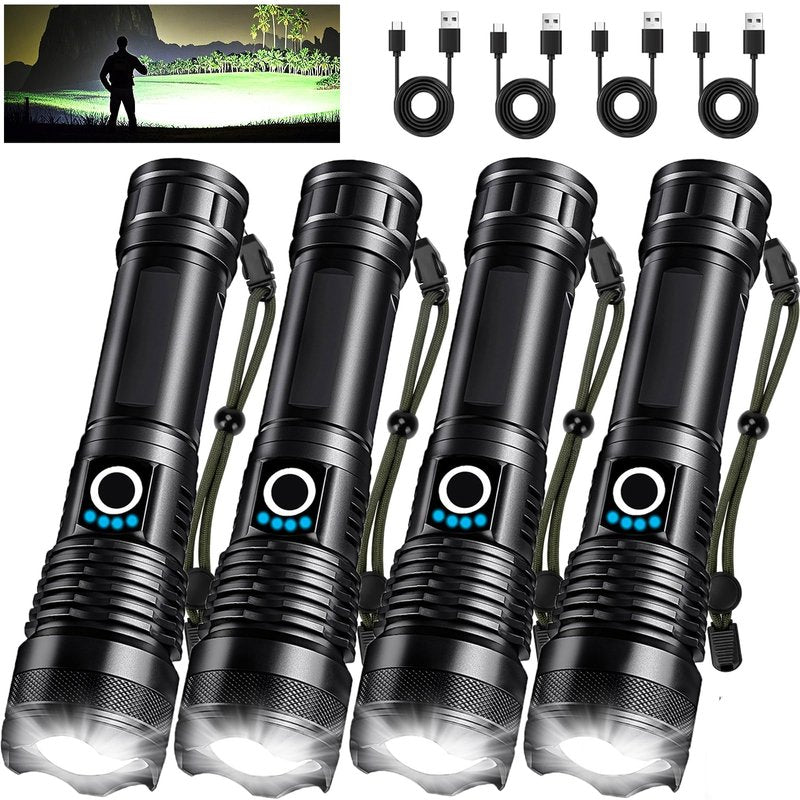 Lylting 4 Pack Rechargeable LED Flashlights High Lumens, 99,000LM Super Bright Flashlight, Adjustable Powerful Flash Light with USB Cable & 5 Modes, Waterproof Handheld Flashlight for Home Camping