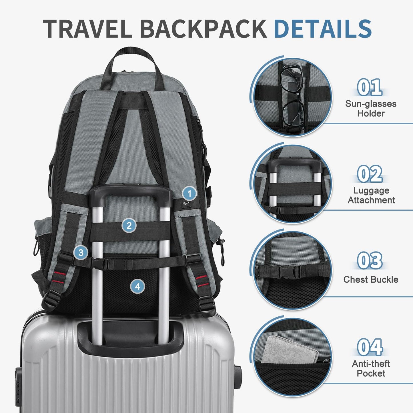 SUIKIHUM Travel Backpack 35L TSA Approved Carry on Backpack with Shoe Compartment & Wet/Dry Separation, Laptop Bag Fits 18.4 Inch Computer, Water Resistant Backpack for Men Women, Grey
