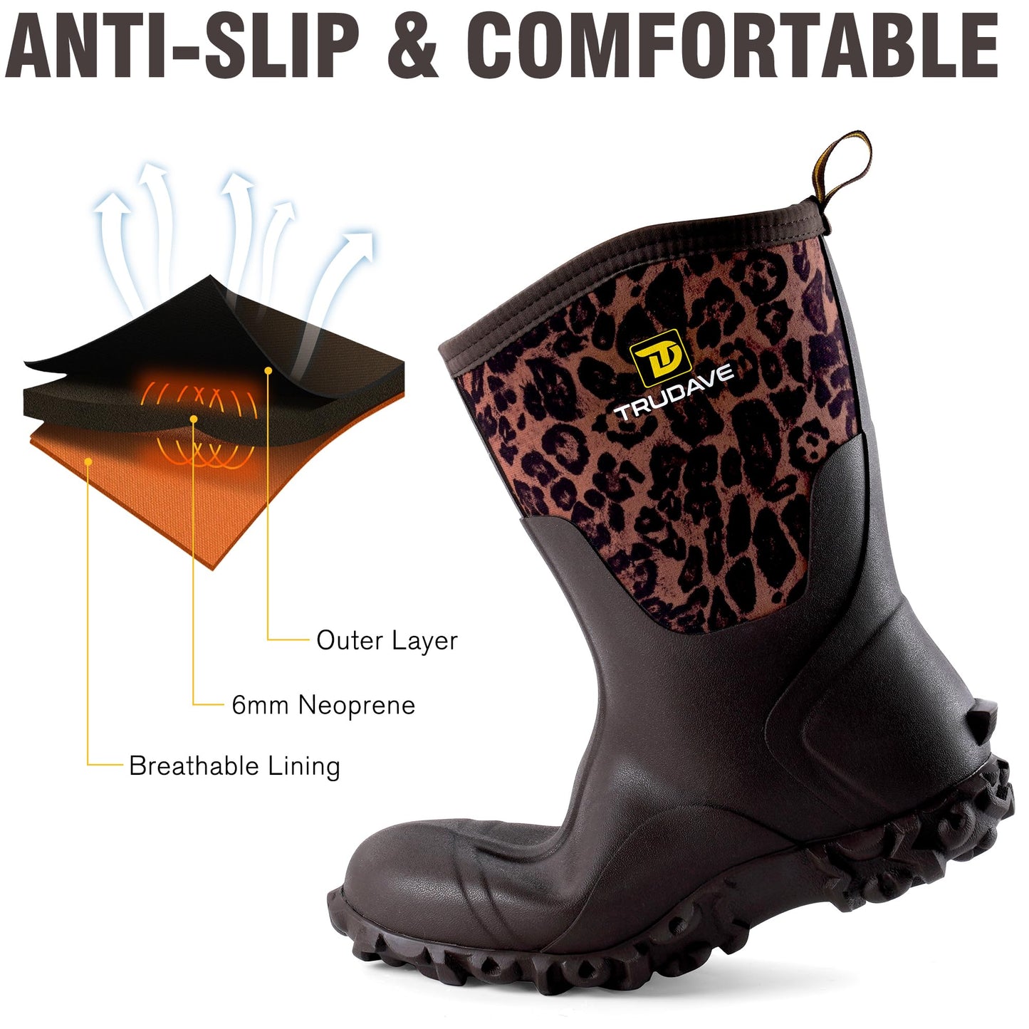 Trudave Rubber Boots for Women with Steel Shank, 6mm Neoprene Mid Calf Rain Boots, Waterproof Insulated Mud Work Boots All Season, Leopard, Size 11