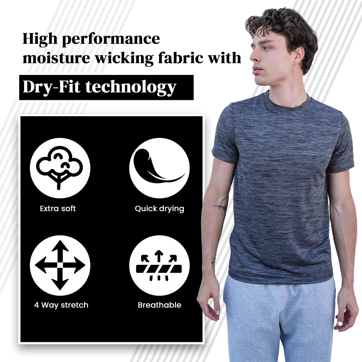 [5 Pack] Men’s Workout Short Sleeve Dry Fit T Shirts Quick Dry Active Athletic Crewneck Running Gym Moisture Wicking Tee Tops
