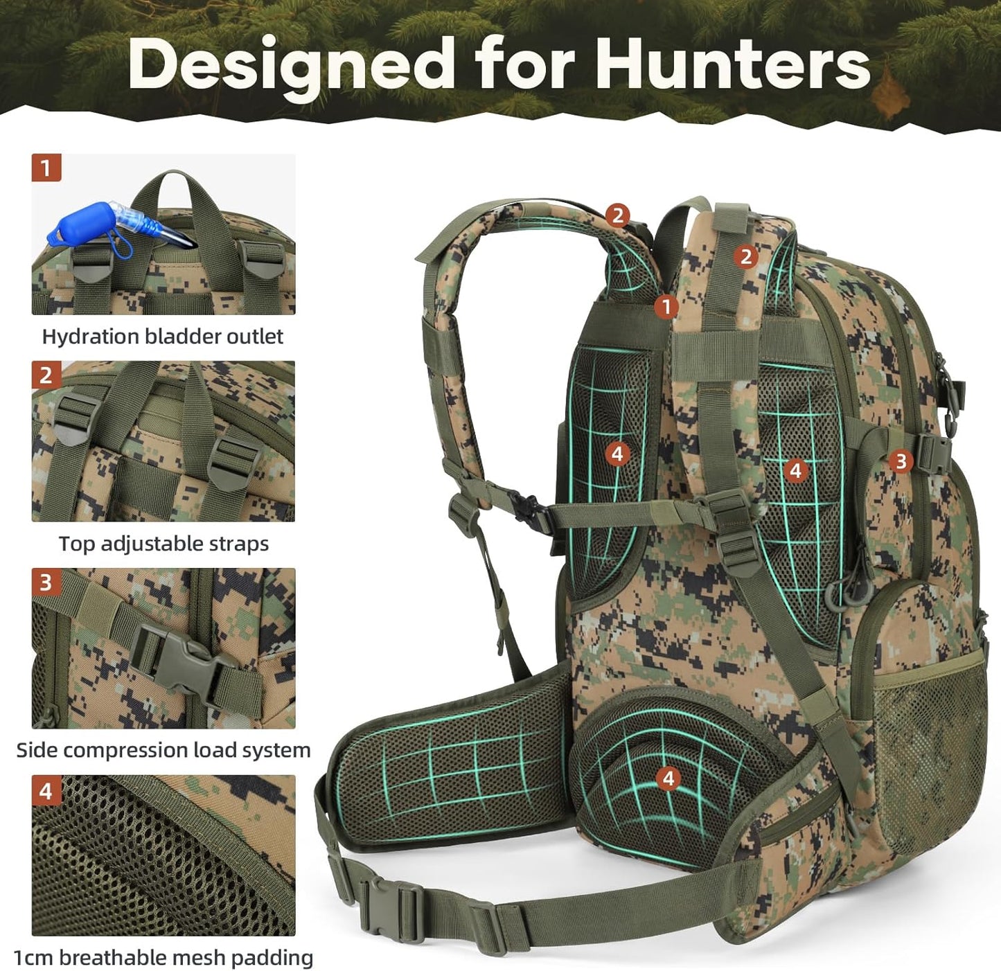 Hunting Backpack - Waterproof 35L Tactical Pack with Rain Cover | Camo Design for Men & Women